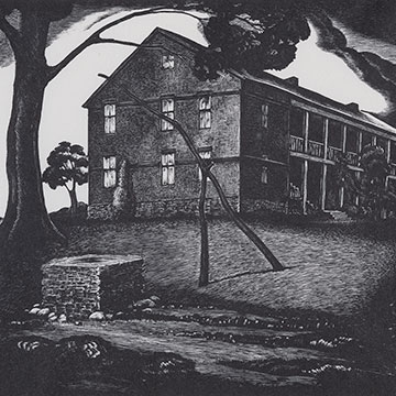A black and white depiction of an old brick and stone building